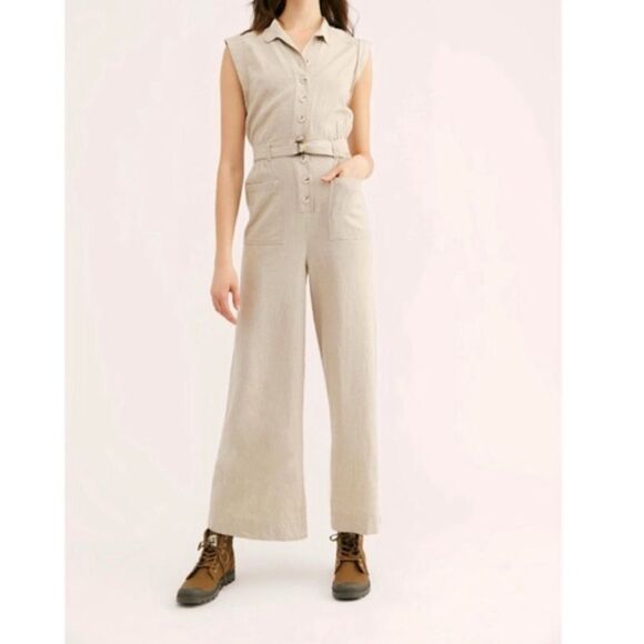 Free People Neutral Light Beige Linen Blend Jumpsuit With Pockets Size M - Picture 1 of 10